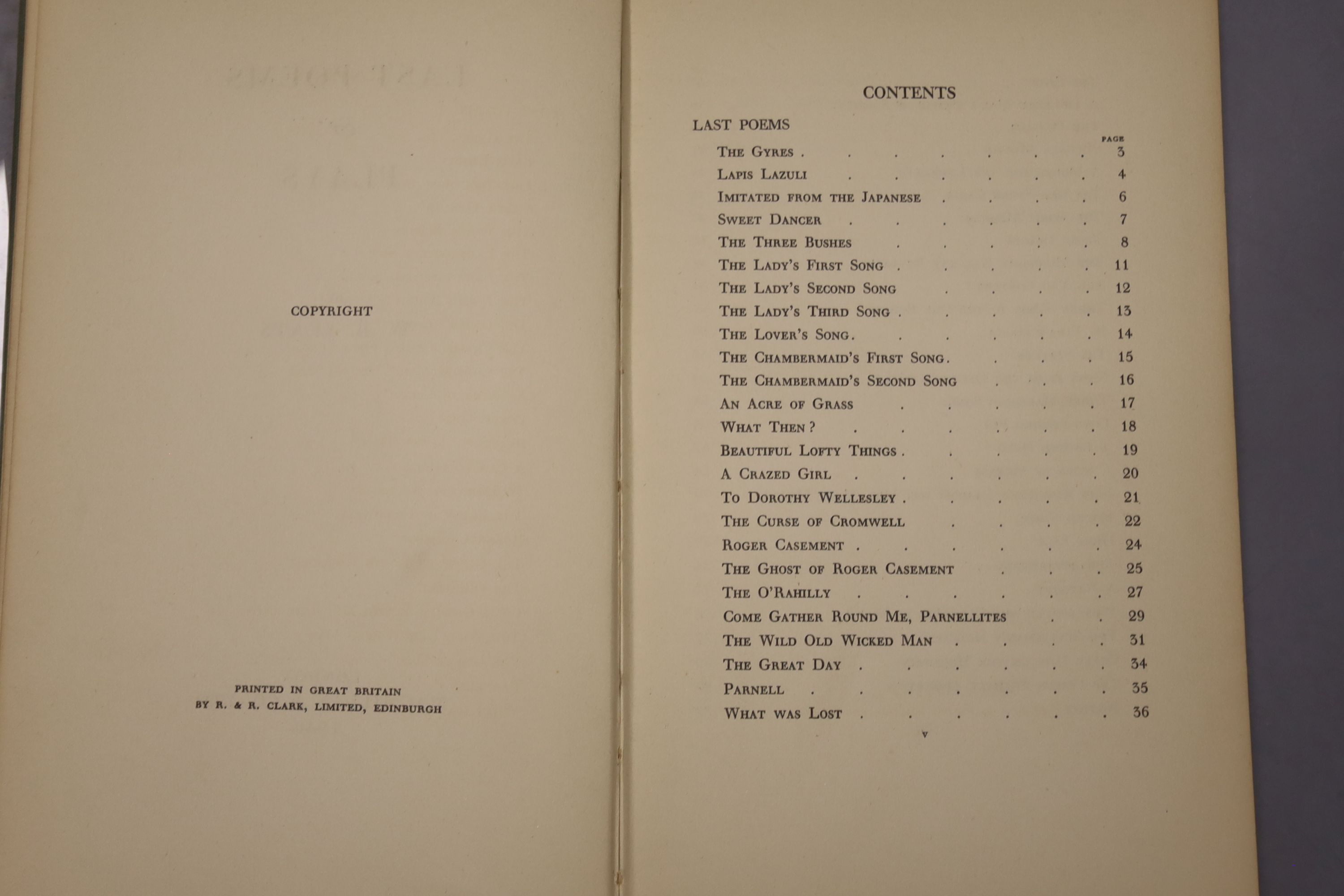 Yeats, William Butler - Last Poems, one of 2000, 8vo, cloth, MacMillan, London 1940; Read, Herbert( (editor) - Surrealism, 8vo, cloth,